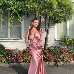 Full Length with train prom/ bridesmaid pink rose satin maxi dress open back